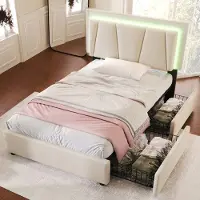 MODFU Bedframe 90x200 cm – Beige linnen met geometrisch design & LED – 2 lades