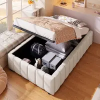 MODFU Bedframe 90x200 cm, gestoffeerd linnen met MDF, beige, hydraulische opbergruimte
