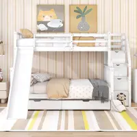 OKWISH Stapelbed 90x200/140x200 cm - Met Glijbaan - Met 2 Lades en 3 Opbergvakken - Gezinsvriendelijk - Hout;MDF - Crèmewit - Zonder matras