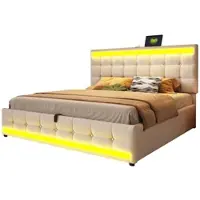 OKWISH Fluweel Gestoffeerd Bed 140x200 cm – Schelp hoofdbord – Verstelbaar – Met gouden poten – Tijdloos design – Beige