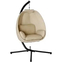 Merax Hangstoel Met Standaard In Eivorm – Schommelstoel Met Zacht Kussen – Opvouwbaar – Voor Binnen En Buiten – Metalen Frame Met Vloerbescherming – Draagvermogen 120 Kg – Kaki – 125 × 95 × 170 Cm