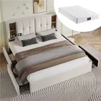 OKWISH Gestoffeerd Bed 160x200cm - Draadloos Opladen & USB-C - Met 4 Lades Opbergruimte - Geschikt Voor 2 Personen - Fluweel - Beige - Met matras