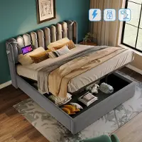 OKWISH Gestoffeerd Bed 140x200 cm – Leeslamp Met Usb Oplaadpunt – Opklapbaar Met Opbergruimte – Met Lattenbodem – Zonder Matras – Grijs