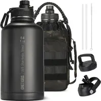 Onetigris Roestvrijstalen drinkfles, waterfles 1,9 l hoge capaciteit, sportfles met goede isolerende werking voor fiets, camping, yoga, gym, softair, camo zwart, 64 oz