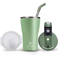 Ideus Thermosbeker, 420 ml, dubbelwandige koffiemok, roestvrij staal, koffiemok, reisbeker met lekvrije afdekking en stro, geschikt voor warme en koude dranken, groen
