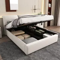 OKWISH Gestoffeerd Bed 140x200 cm - Hydraulisch Met Gaslift - 3 Laden En Bedkist - Met Verstelbaar Hoofdeinde En Lattenrost - Fluweel - Beige - Zonder matras