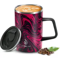 Ideus Koffiemok 470 ml (16oz), dubbelwandige vacuüm geïsoleerde roestvrijstalen koffie- en theekop met antislip handvat en schuifmoduledeksel en groot volume (rode zebra)