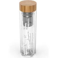 Umami Glazen waterfles met thee-ei en antislipdeksel, dubbelwandig borosilicaatglas, met bamboe deksel, 482 ml, ontwerp: bamboe