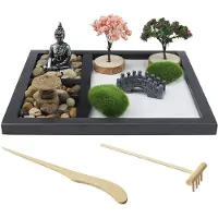 OEM Miniatuur Zen-tuin set met meditatiestenen. Japanse miniatuur steentuin, ideaal als cadeau. Miniatuur set met meditatiestenen, houten voetstuk voor ontspanning. Miniatuur Boeddha-beeldje