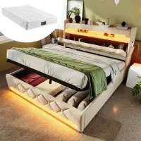 STILVORA Gestoffeerd Bed 140x200 cm - Tienerbed Met Hydraulisch Opbergbed En LED Verlichting - Met USB C-Type Oplaadfunctie - Linnen - Beige