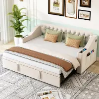 STILVORA Gestoffeerd slaapbank 90x190 cm – Uitschuifbaar naar 180x190 cm – Met opbergruimte & USB – Lattenbodem – Fluweel – Beige – Zonder matras