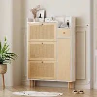 STILVORA Schoenenkast - Rattan Look Met 3 Kleppen En Lade - Smal Model Voor Hal En Slaapkamer - MDF Naturel;Wit - 90x125x17 Cm