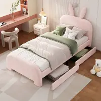 STILVORA Kinderbedden 90x200 cm - Eenpersoonsbed Met Schattig Konijnenoor Hoofdeinde En Opbergruimte - Gestoffeerd - Pluche - Wit