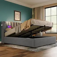 STILVORA Gestoffeerd Bed 90x200cm - Bed met Leeslicht en 2x USB - Eenpersoonsbed met Opbergfunctie - Fluweel - Grijs