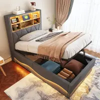 STILVORA Gestoffeerd Bed 90x200 cm - LED Sfeerverlichting Met App - Hydraulische Opbergruimte Onderbed - Kinderkamer - Linnen - Grijs - Zonder matras