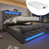 STILVORA Gestoffeerd bed 90x200cm – Eenpersoonsbed met LED & USB+Type-C Oplaadstation – Hydraulisch Opbergbed – Fluweel – Grijs – Met matras