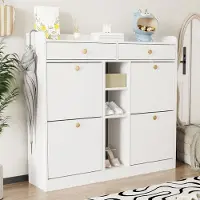 STILVORA Schoenenkast - Ruime Moderne Schoenenkast Met 4 Klapdeuren En 2 Lades - 3 Open Vakken Voor Hal En Gang - Spaanplaat - 110x26x100 cm - Wit