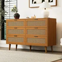 STILVORA Ladekast Met 6 Lades - Rotan Front En Metalen Grepen - Veel Opbergruimte Voor Slaapkamer En Woonkamer - Spaanplaat - Walnoot - 120x40x76,5 Cm