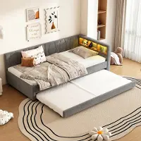 STILVORA Eenpersoonsbed 90x200 cm - Uitklapbed Met USB & LED - Uitschuifbaar Logeerbed En Hoofdeinde Opbergvakken - Linnen;MDF - Grijs - Zonder Matras