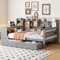 STILVORA Eenpersoonsbed 90x200 cm – Slaapbank met Bureau & Opbergruimte – USB & Stopcontact – Massief Hout – Zonder matras – Grijs