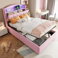 STILVORA Gestoffeerd bed 90x200 cm – Eenpersoonsbed met opbergruimte (gasveer) – LED RGB & USB-C laadpoort – Fluweel – Roze – Zonder matras