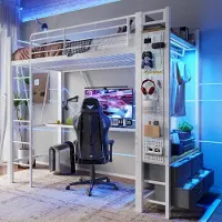 STILVORA Hoogslaper 90x200 cm – Met Bureau & 4 Laden – Geschikt Voor Studentenkamer En Studieruimte – Metaal;MDF – Zonder matras – Wit