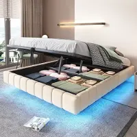 STILVORA Tweepersoonsbed 160x200 cm – Gestoffeerd Zwevend Bed Met Hydraulische Opbergruimte En LED-Kleurverlichting – Linnenstof – Beige – Zonder matras