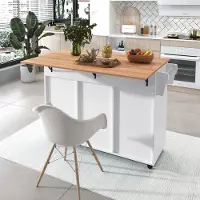 STILVORA Keukeneiland - Uitbreidbare Serveerwagen Met Klapblad En 2 Lades - 3 Planken En Bestekvak Met Handdoekhouder - MDF - 129x71x91,5 cm - Wit+Natural