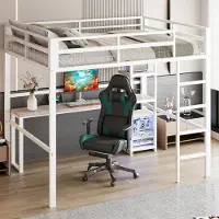 STILVORA Hoogslaper 140x200cm – Stevig metalen frame met legplanken – Bureau met stopcontact, USB/Type-C – Metaal – Wit – Zonder matras