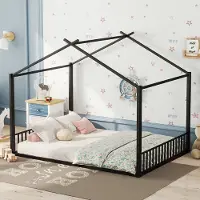 STILVORA Kinderbed 140x200 cm – Huisframe Ontwerp Met Laag Frame – Robuust Metalen Frame, 14 Latten, 150 kg Draagvermogen – Metaal – Zonder Matras – Zwart
