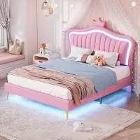 STILVORA Kinderbed 140x200 cm – Met Ledverlichting En Verstelbaar Hoofdbord – Inclusief Lattenbodem – Zonder matras – Kunstleer – Roze