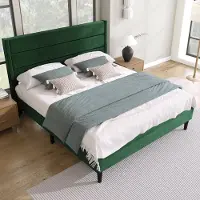 STILVORA Tweepersoonsbedden 140x200 cm - Gestoffeerd Bed Met Hoofdeinde En Lattenbodem - Linnen - Donkergroen (exclusief Matras)