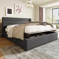 STILVORA Tweepersoonsbedden 140x200 cm - Hydraulisch Gestoffeerd Bed - Bed Met Lades En Lattenbodem - Bedbodem Metaal - Linnen - Grijs