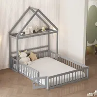 STILVORA Kinderbed 140x200cm – Bodembed Omheining met Deur – met Dak/Opbergruimte & Lattenbodem (15 Latten, 200kg) – Massief Hout – Grijs – zonder matras