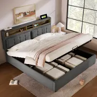 STILVORA Gestoffeerd Bed - 160x200 cm - Tweepersoonsbedden met Lade-Kopteil en USB Oplaadfunctie - Opbergbed met Lattenbodem - Massief Hout - Grijs