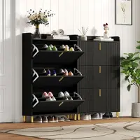 STILVORA Schoenenkast - 3 Kleppen En 6 Vakken - Smal Voor Hal En Entree - MDF Mat Zwart Met Goud - 80x23x123,5 Cm
