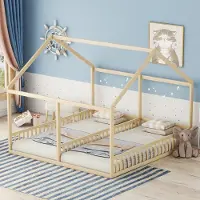 STILVORA Kinderbed 90x200cm – Twee-in-één Twee Bedden Met Middenhek – Huisvorm Met Dak En Raam – Veilige Reling Voor Kinderkamer – Hout – Naturel – Zonder matras