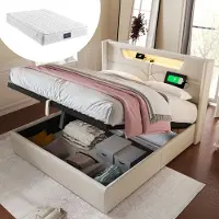 STILVORA Gestoffeerd Bed 140x200cm - Opbergbed met LED en USB-C Lader - Inclusief Matras - Linnen - Beige