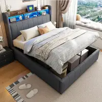 STILVORA Gestoffeerd Bed 140x200 - Hydraulisch Tweepersoonsbed Met Kopbord Opberglades - Linnen - Grijs