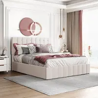 STILVORA Gestoffeerd Bed 140x200 cm – Hydraulisch Opbergbed Met Verstelbaar Hoofdbord – Metalen Lattenbodem – Zonder matras – Fluweel – Crèmewit