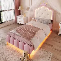 STILVORA Gestoffeerd Bed 90x200 cm – Kroonprinsessenvorm Met LED-Sfeerverlichting Met App-Bediening – Met Lattenbodem – PU – Roze – Zonder Matras