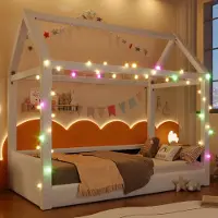 STILVORA Gestoffeerd dagbed 90x200 cm – Huisvorm Frame met LED-Lichtstrips – Speels Kinderbed met 4-Kleur LED – Linnen Bekleding – Beige – Zonder matras
