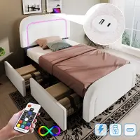 STILVORA Gestoffeerd Bed 90x200 cm - Tienerbed Met LED Verlichting + USB Type C Oplaadfunctie - Opbergruimte Met 4 Schubladen - Sherpa - Wit