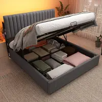 STILVORA Gestoffeerd bed 160x200cm – Met LED-kopstuk & App-Bediening – Hoofdeinde Opbergruimte Met USB/Type-C + Gaslift – Linnen – Grijs – Zonder matras