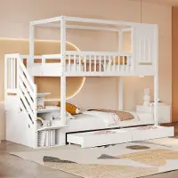 STILVORA Stapelbed 90x200cm – Huisvorm Met Raam en Ophanghaken – Trap Met Opberglades en Veiligheidshek – Massief Hout – Wit – Zonder matras