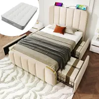 STILVORA Gestoffeerd Bed 90x200 cm – Eenpersoonsbed Met Goudaccent En USB Type-C – 4 Opberglades Onder Bed Voor Extra Ruimte – Linnen – Beige – Met Matras