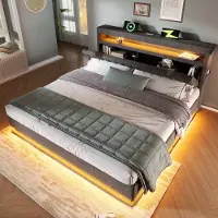 STILVORA Gestoffeerd bed 160x200cm – Tweepersoonsbed Met LED & Oplaadfunctie – Hydraulische Opbergruimte – Linnen – Grijs – Zonder matras