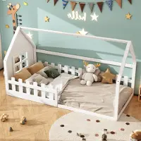 STILVORA Eenpersoonsbed 90x200 cm – Kinderbed Huisvorm Met Speels Hoofdeinde – 7 Latten & 140 Kg Draagvermogen – Grenen;MDF – Wit – Zonder matras