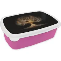 MuchoWow Broodtrommel Roze - Lunchbox Lichtjes - Boom - Abstract - Zwart - Brooddoos 18x12x6 cm - Brood lunch box - Broodtrommels voor kinderen en volwassenen