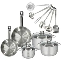 Fackelmann Set 2 pannen 20 en 24 cm roestvrij staal, 3 roestvrijstalen kookpotten 16, 20 en 24 cm en 6 roestvrijstalen keukengerei Eterna